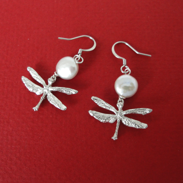 Dragonfly Coin Pearl Earrings