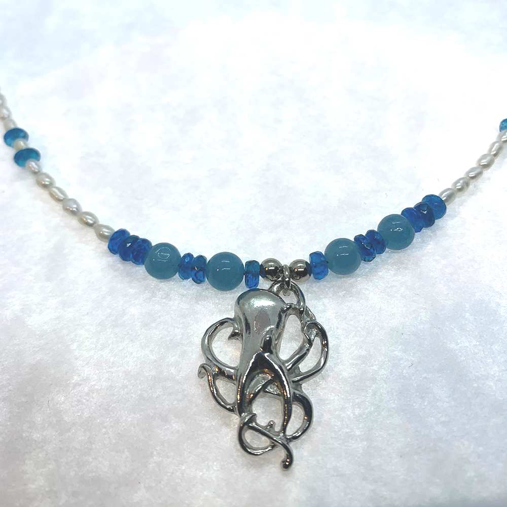 Octopus Necklace with Seed Pearl and Apatite