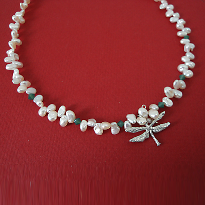 Dragonfly with crystal and pearl Necklace